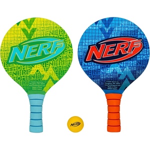image:imageNERF Paddleball Set  Fun Paddleball Beach Game for Adults  Kids  Fun Outdoor Pool  Beach Water Sports Game  Includes 2 Wooden Paddles  1 NERF Paddle Ball  Complete Set