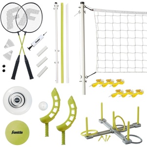 image:imageFranklin Sports Fun 5 Combo Outdoor Game Set  Backyard Beach  Camping Games for Kids  Badminton Volleyball Flip Toss Flying Disc  Horseshoes or Ring TossYellow Combo Set