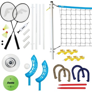 image:imageFranklin Sports Fun 5 Combo Outdoor Game Set  Backyard Beach  Camping Games for Kids  Badminton Volleyball Flip Toss Flying Disc  Horseshoes or Ring TossBlue Combo Set